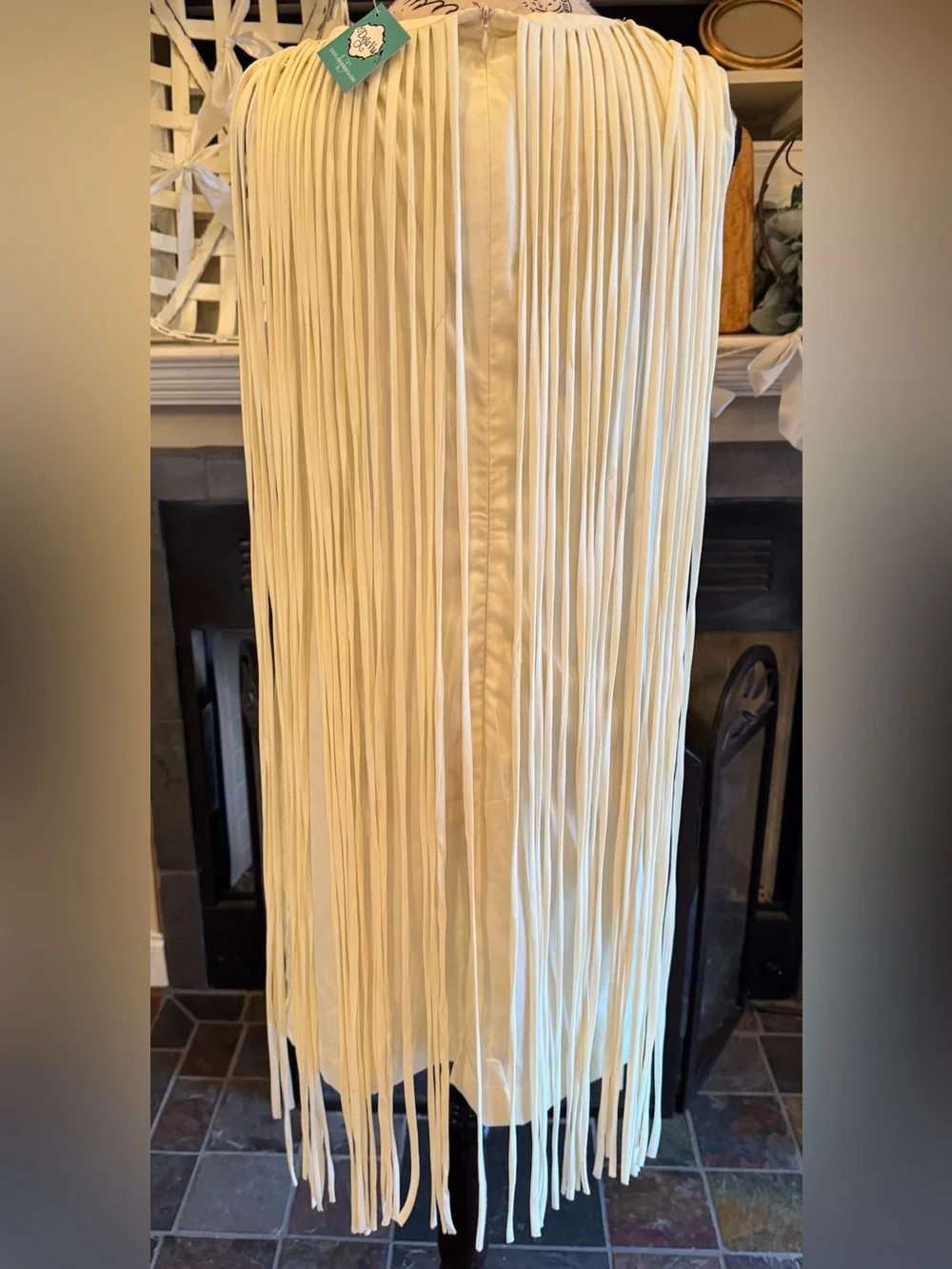 Cream Ivory Fringe Overlay Shift Dress Sleeveless Tassel Macrame Wedding NWT MED - Picture 2 of 8
